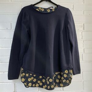 LOFT Navy Mixed Media Sweater Blouse Floral Hem Tie Back Cottagecore Medium